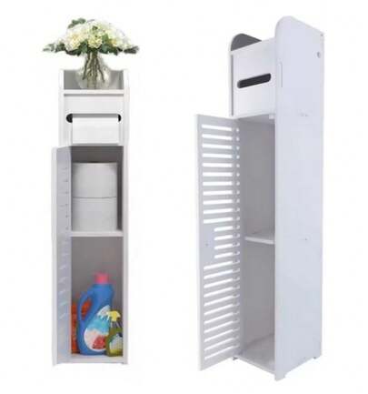 Rigogo Mobiletto alto da bagno a 4 ripiani con anta e cassetto - Organizzatore portaoggetti da pavimento con portarotolo e ripiani | Design sottile per WC, bagno, cucina | Autoportante, facile da montare, L 16 cm x P 17 cm x A 81 cm