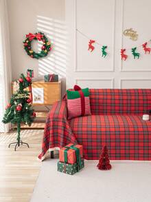 1 pieza Manta con flecos de cobertura total y antideslizante con estampado a cuadros rojo y verde estilo retro americano para días festivos - Multicolor - Ver 3