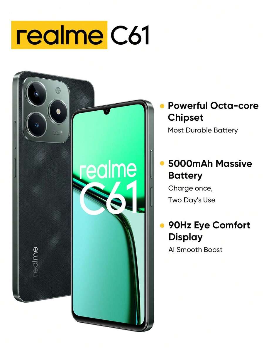 Realme C61 解锁手机 6GB+128GB/8GB+256GB 全球版，4G LTE，安卓 14 智能手机，50MP AI 摄像头手机 7.89 毫米超薄设计，配备 5000mAh 大容量电池 - 綠色 - 查看 1