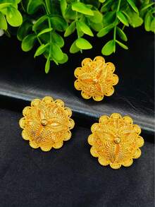 1 条项链、1 对耳环、1 条手链、1 个戒指、1 个发夹、1 个头链、花形合金中东迪拜风格首饰套装，适合沙特阿拉伯、婚礼和派对、女士 6 件金色首饰套装 - 金黃色 - 查看 4