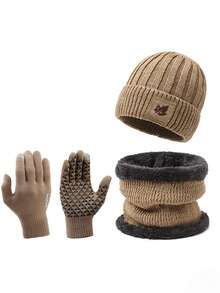3pcs Set: Knitted Thickened Beanie Hat, Scarf, And Gloves, Unisex Fashion Outdoor Cycling Versatile Accessories Autumn Decor