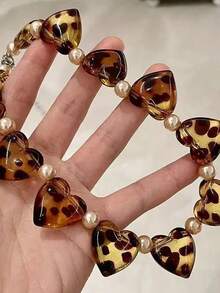1 件复古豹纹心形珍珠串珠项链 - 小巧时尚高端设计，奢华质感 - 心形锁骨链 - 彩色 - 查看 6