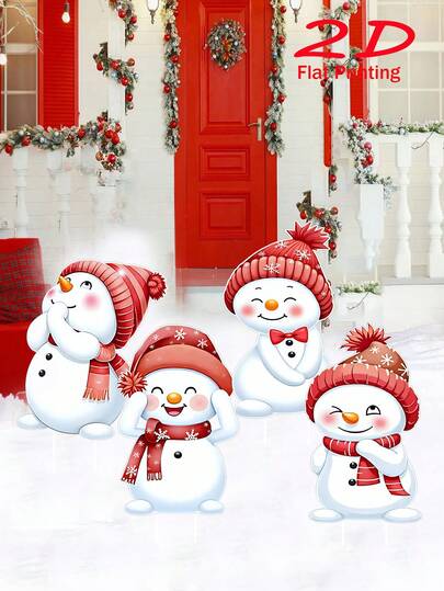 4 件圣诞雪人庭院标志 - 户外圣诞节草坪装饰，无电动花园展示，节日新年桩装饰