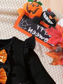 Baby Mädchen süßes A-Linien Kleid mit rundem Ausschnitt, Puffärmeln, Schleife und Motiven wie Kürbis, Geist, Spinne, ideal als Halloween Kostüm, Mädchen Bekleidung, geeignet für Frühling/Herbst Ausflüge