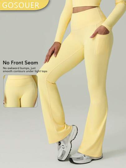 Women'S High Waist Yoga Flare Pants With Pockets - Wide Waistband, Comfortable, Stretchy, Bootcut Style Tights