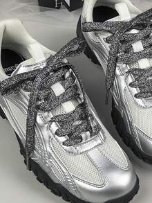 1 Pair Silver Metallic Shoelaces, Suitable For Casual Shoes And Sneakers - Multicolor - View 6