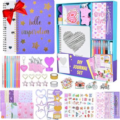 DIY日记套装 - 适合少女的DIY日记套装，文具套装，剪贴簿和日记用品套装，日记艺术工艺套装，生日、圣诞节、万圣节的理想礼物