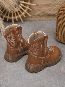 Girls' Fashion Embroidered Design Tall Chelsea Boots, Outdoor Boots, Soft & Comfortable - Brown - View 4