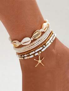 Bộ 7 vòng tay/vòng chân phong cách Bohemian đính hạt cườm hình vỏ sò, ngọc trai giả và sao biển, phù hợp cho nữ (màu sắc phối ngẫu nhiên), phụ kiện ngày Valentine. - Nhiều màu - Xem 5