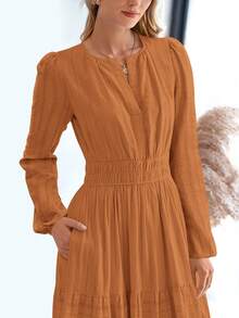 Women Fall Maxi Dresses Long Sleeve High Waist Tiered Flowy A-Line Boho Bohemian Long Dress Beach Holiday Vacation Wedding Guest Valentine Outfit - 棕橘色 - 查看 5