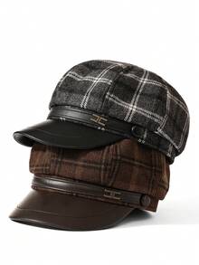 1 pieza Boina retro elegante, con estampado de cuadros y decoración de letra metálica, estilo gorra de periódico, adecuada para uso diario de mujeres