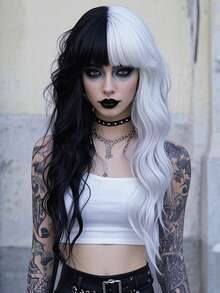 clouder Gothic Punk Black And White Water Wave Curly Wig 26 Inch Long Wavy Wig With Bangs Halloween Christmas Wig Street Punk Wig Women's Synthetic Heat Resistant Fiber Wig Suitable For Daily Cosplay Party Music Festival Y2K Wig Avant-Garde Preppy Wig Modern Fashion Punk Wig - Black and White - View 2