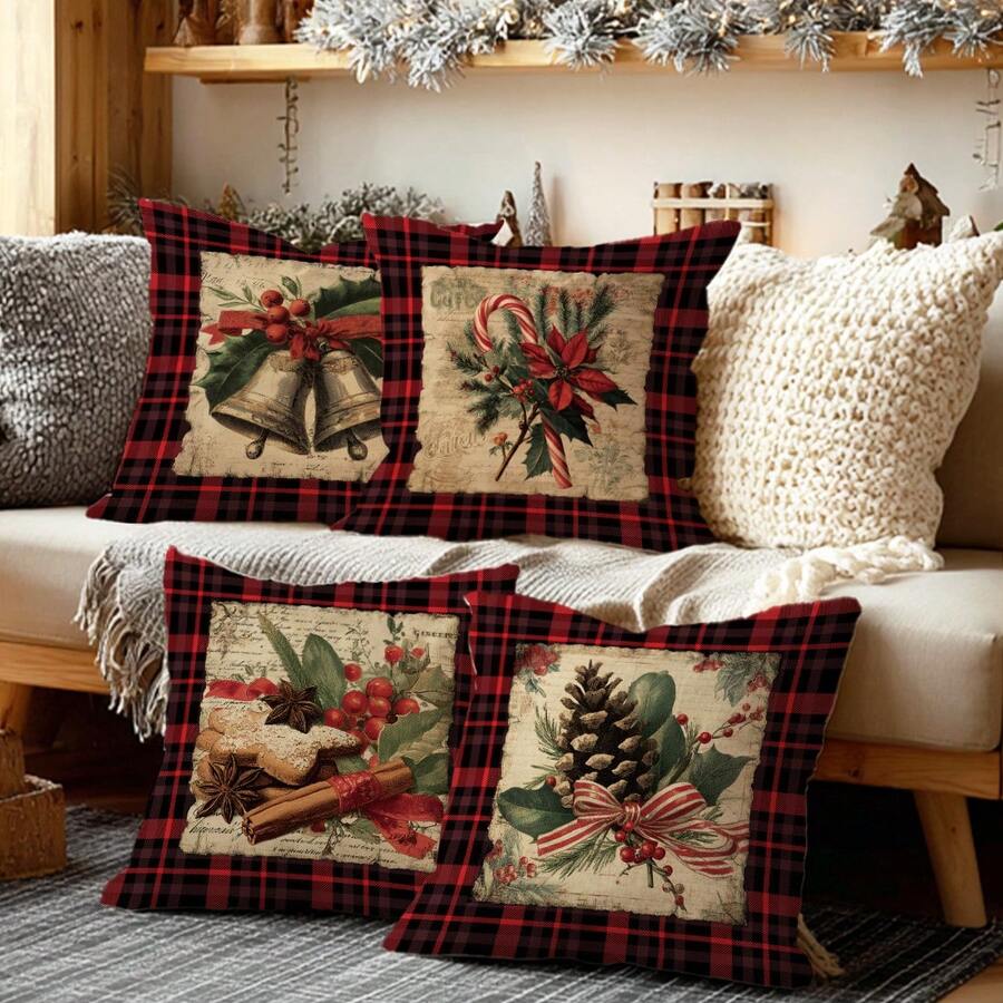4 件圣诞红色格子复古铃铛松果拐杖糖插图“一路响叮当”印花靠垫套 [无枕芯]，17.7*17.7 英寸 (45*45 厘米)/19.69*19.69 英寸 (50*50 厘米)/15.75*15.75 英寸 (40*40 厘米)，[单面印刷] 圣诞装饰涤纶抱枕套适用于沙发、床、客厅、卧室、汽车、办公室、酒店，四季皆宜，是送给家人和朋友的完美礼物 - 彩色 - 查看 1