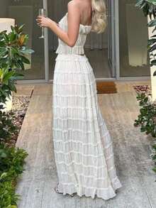 Women's Summer Solid Color Sexy Semi-Transparent Halter Tie Ruched Lace Trim Camisole And Maxi Skirt Set, Vacation Outfits For Women, Valentine's Day - Beige - View 2