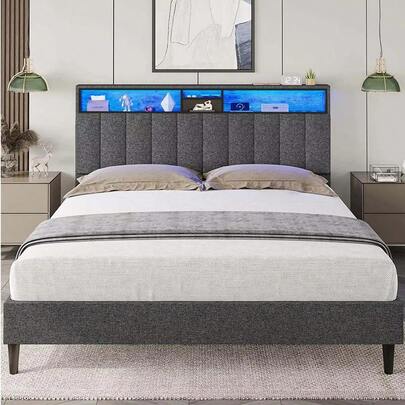 Base Cama Tapizada Led Con Estación Carga,queen Size