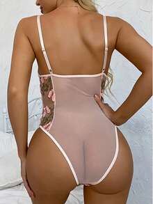 Women Sexy Lace Up Floral Butterfly Embroidered Teddy Lingerie Bodysuit Snap Crotch Mesh Sheer One Piece - 粉色 - 查看 3