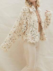 Women Y2k Sequin Long Sleeve Top Sparkly Glitter Faux Fur Feather Cropped Jacket Open Long Sleeve Fall Winter Shiny Party Sweaters - Màu be - Xem 2