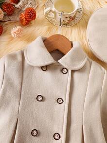 Dwurzędowy płaszcz dziewczęcy w jednolitym kolorze, z długim rękawem i beretem, jesień/zima