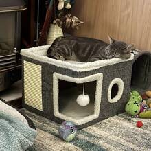 Luxury Multi-Level Cat House With Toy Tunnel, Foldable Scratching Rope And Comfort Mat - Comfortable Indoor Cat Cube Bed With Plush Hanging Ball, All-Season Enclosure, Ideal Home - Foldable