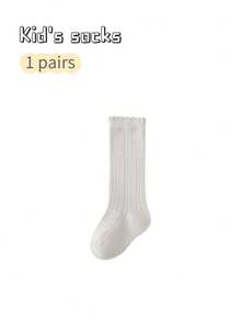 1 Pair Girls' Solid Color Knee High Socks With Ruffle Trim, Autumn/Spring