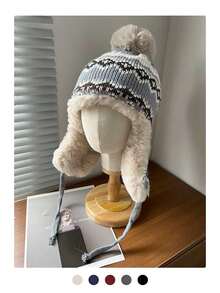 1顶复古提花针织帽，女士保暖保暖内衬飞行员帽/乌沙卡帽，适合冬季骑行滑雪，加厚针织帽带绒球 - 彩色 - 查看 13