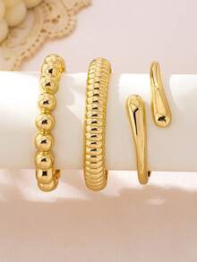 3 件/1 套简约时尚金色串珠波浪纹理不对称泪珠手链套装，适合女性，厚实光滑的金属和锌合金材质 - 金黃色 - 查看 2