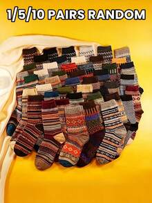 1/5/10 Pairs Unisex Mid-Calf Knitted Socks, Non-Slip Vintage Pattern, Comfortable & Warm For Indoor/Outdoor Use, Fleece-Lined For Autumn/Winter, Assorted Design