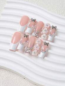 10pcs/Set Extra Large Rectangular French Embossed Rhinestone Bow Nail Stickers, Reusable, 4 Sizes Available, Suitable For Girls/Women, Actors, Stage Performance, Festivals, Parties, Weddings, Daily Wear Handmade Press On Nails - White - View 3