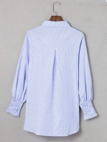 ASVIVID Women's Striped Pattern Button Collar Ruffle Cuff Long Sleeve Blouse - Blue - View 3