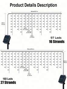 1 pieza Luces de cadena con energía solar, 97/160 luces de carámbano solares LED, luces de hadas impermeables para exteriores, luces de cortina para jardín, patio, Halloween, Navidad, Acción de Gracias, fiestas, campamentos, bodas y cumpleaños - Impermeable, 8 modos de parpadeo