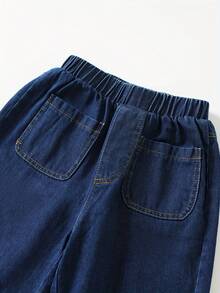 Timzgo 女童休闲牛仔裤,松紧腰带口袋,直筒宽松裤,百搭磨边阔腿裤,适合女孩外出和日常穿着 - 深色水洗藍 - 查看 8