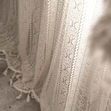 Crochet Boho Curtain 63 Inches Length, Sheer Lace Handmade Tassels Knitted Window Treatment Vintage Rustic Bohemian Farmhouse Drape For Bedroom Rod Pocket 1 Panel 59" W X 63" L, Beige Wave - 米色波浪鉤針編織59寬x63公升1包 - 查看 6