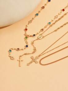 4 件套时尚优雅金属链多层项链，搭配复古宗教十字架吊坠，彩色水晶水钻 Y 形长项链，适合日常佩戴和音乐节派对 - 多色 - 查看 4