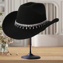 Stylish White Western Cowboy Hat With Rhinestone  Fringe For Party  Vacation - Black - View 4