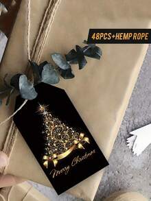 48pcs Christmas Gift Tags With Twine - Luxury Gold Christmas Tree Design, Black And Gold Premium Paper Wrapping Stickers, Holiday Decorations, Card Making - Elegant Holiday Tags For High-End Fine Gifts And Crafts, Vintage Style - Black - View 6