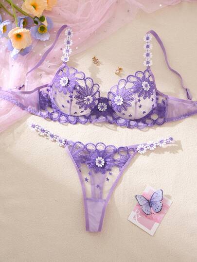 Paars Semi Transparent Com Tafel Breathable Daisy Geborduurde Bloemen Mesh Hollow Verleidelijke Lingerie Set, Lazy Two Pieces BH Sweet Thong, Various Parties