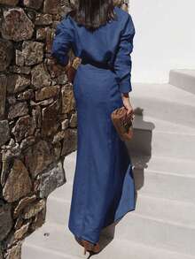 Women's Solid Color Long Sleeve Single-Breasted Shirt And Midi Skirt Casual Outfit, Autumn - Blue - View 4