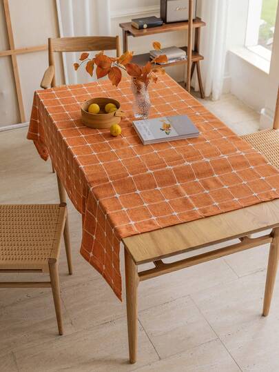 1pc Rustic Orange Plaid Tablecloth, High-Quality Versatile American Country Style Vintage Minimalist Kitchen Decor Rectangular Tablecloth For Family Gathering, Birthday Party, Dinner