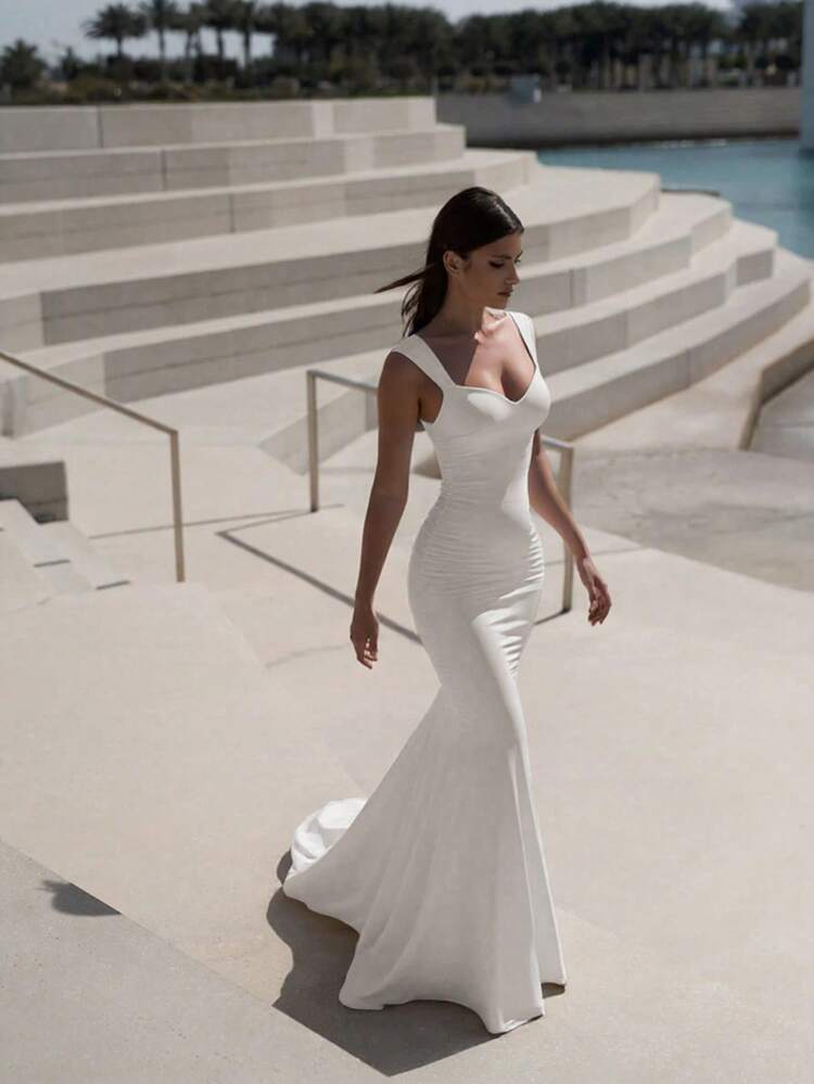 Basrey Elegante vestido de dama de honor de unicolor sin mangas con cola de sirena para boda en primavera, color blanco - Blanco - Añade 2