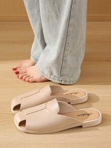 Dedos abiertos y medio arrastre zapatillas frías para mujeres de verano y medio paquete de zapatillas para mujeres con suelas planas - Caqui - Ver 1