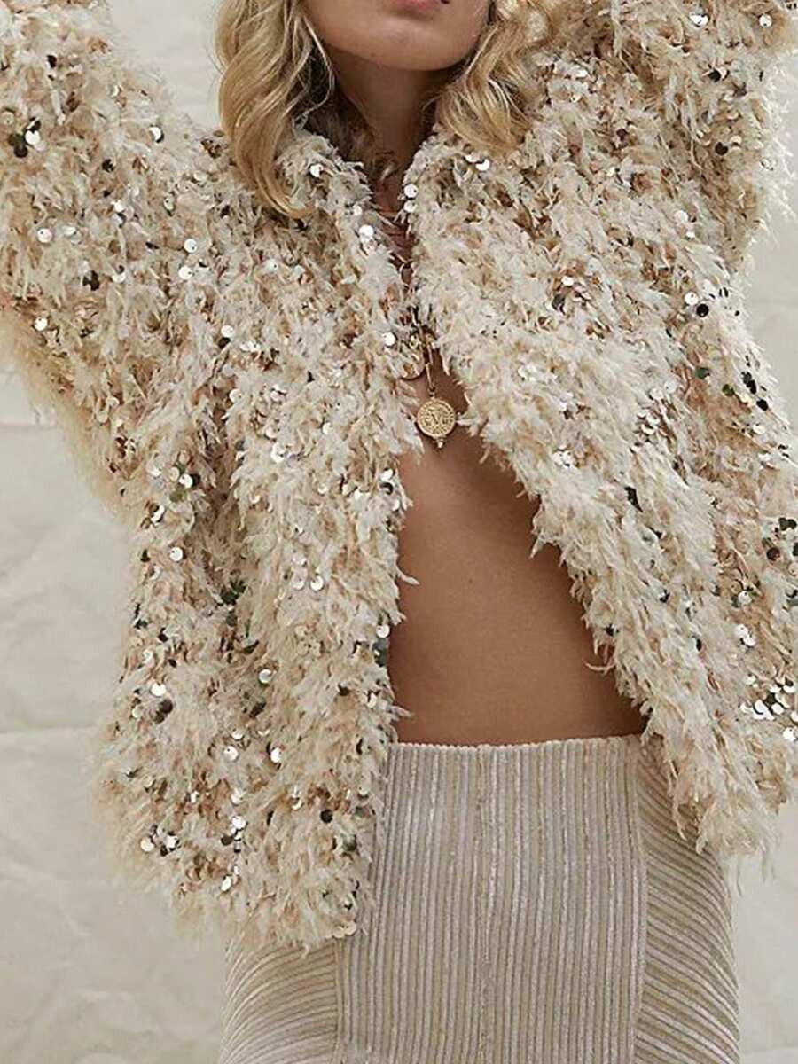 Women Y2k Sequin Long Sleeve Top Sparkly Glitter Faux Fur Feather Cropped Jacket Open Long Sleeve Fall Winter Shiny Party Sweaters - Màu be - Xem 1