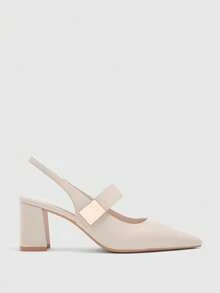 Sandalias de tacón alto grueso y puntera puntiaguda, cómodas y de moda, con hebilla cuadrada de color marfil - Beis - Ver 2