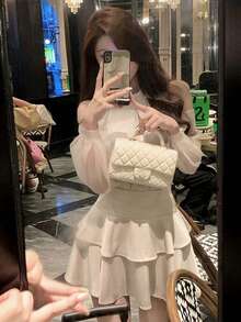 2 件套女士纯色无袖层叠荷叶边下摆宽松休闲露背上衣和裙子，春夏 - 杏色 - 查看 5