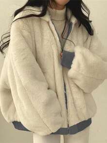 Women's Oversized Hooded Coat With Faux Fur Collar, Slimming Silhouette, Dual-Sided Pockets, Reversible, Casual Street Style, Short Jacket For Autumn/Winter - Dark Gray - View 3