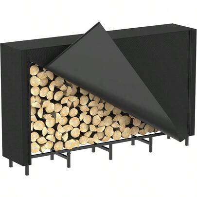 Estantería para leña de exterior con cubierta de 1.6 m, estantería para troncos de leña para chimenea, almacenamiento de madera, soporte para leña de interior, ajustable, resistente, estante para leña de color negro de tela Oxford impermeable