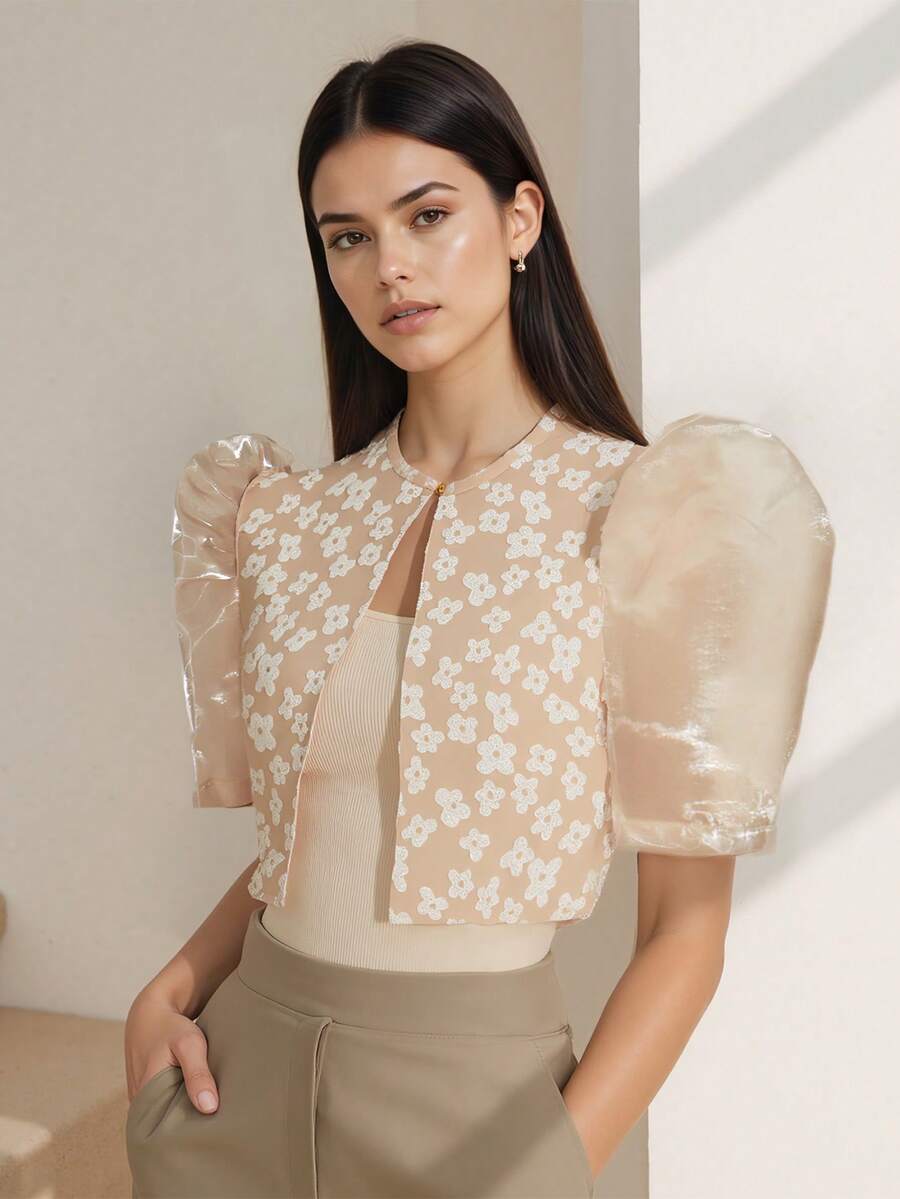 Amyenjoylife 现代菲律宾风女式花卉泡泡袖休闲短袖开衫披肩，菲律宾风格 - 香檳色 - 查看 1