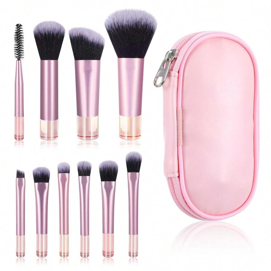 10 pezzi Mini Set di Pennelli Trucco con Borsa Porta Pennelli, Kit Pennelli Trucco Portatile da Viaggio, Pennelli Trucco Versatili per un Aspetto Perfetto