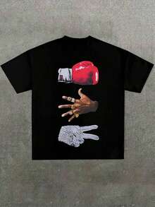 Plus Size Men, Black Tee With Symbolic Hands Graphic, Y2K, Street Style, Digital Print, Casual 100% Cotton T-Shirt, Halloween - 黑色 - 查看 1
