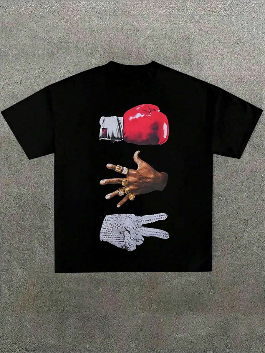 Plus Size Men, Black Tee With Symbolic Hands Graphic, Y2K, Street Style, Digital Print, Casual 100% Cotton T-Shirt, Halloween - 黑色 - 查看 1