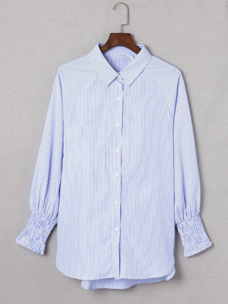 ASVIVID Women's Striped Pattern Button Collar Ruffle Cuff Long Sleeve Blouse